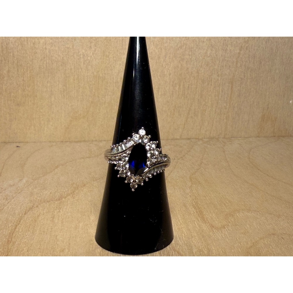 925 Sterling Silver Blue Sapphire Marquise CZ Ballerina Cocktail Ring Size 6.5
